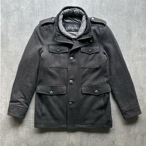 Guess Wool Military Jacket Mens Small Black Field Coat Quilted Puffer Lined